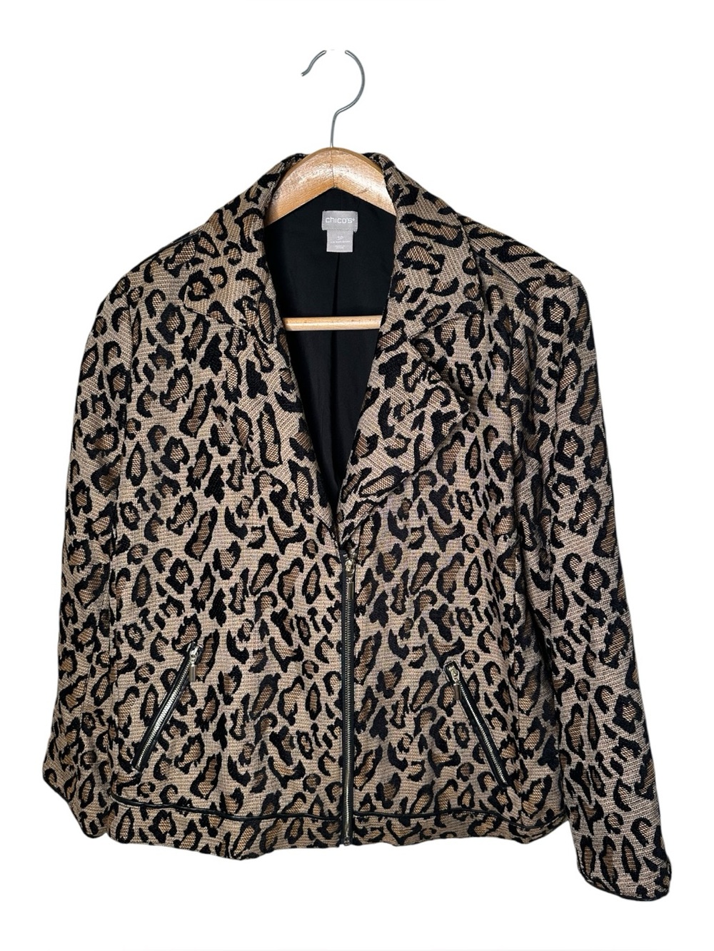 Chico’s Size 3 Petite Jacquard Moto Jacket Leopard Print Faux Leather Trim 16/18